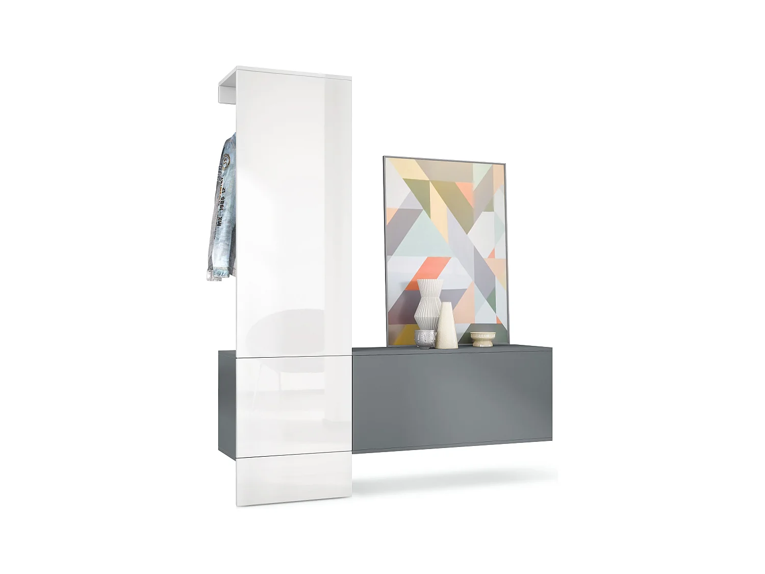 Penderie Carlton Set 4, Meuble d’entrée comprenant 1 panneau porte-manteaux, 1 module de commode, anthracite mat/blanc haute brillance (156,5 x 193 x 35 cm)
