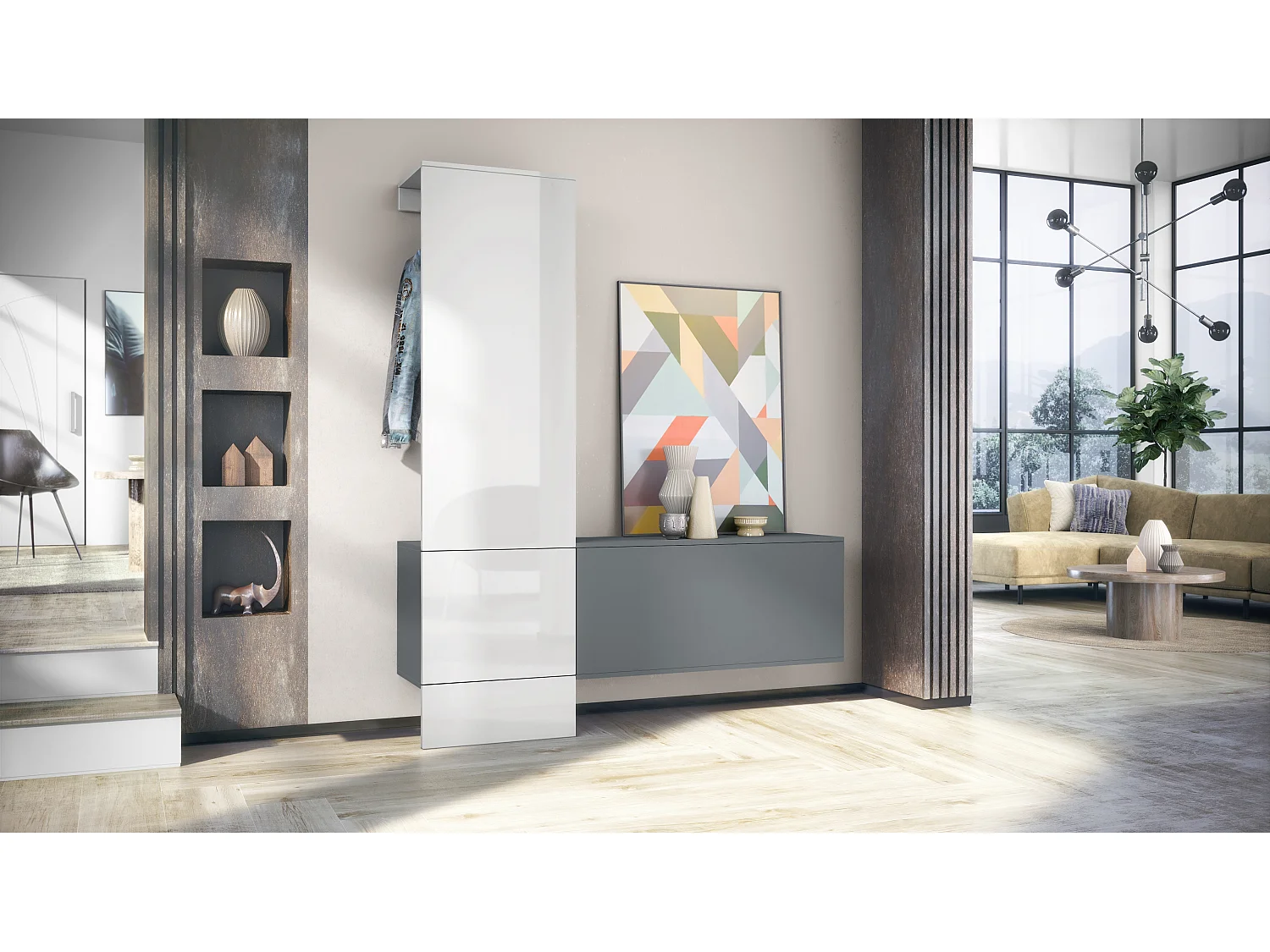 Penderie Carlton Set 4, Meuble d’entrée comprenant 1 panneau porte-manteaux, 1 module de commode, anthracite mat/blanc haute brillance (156,5 x 193 x 35 cm)