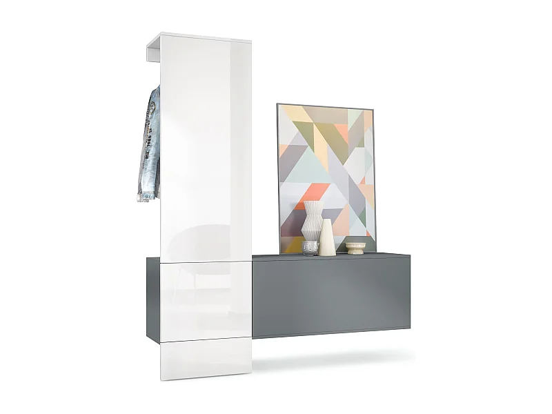 Penderie Carlton Set 4, Meuble d’entrée comprenant 1 panneau porte-manteaux, 1 module de commode, anthracite mat/blanc haute brillance (156,5 x 193 x 35 cm)