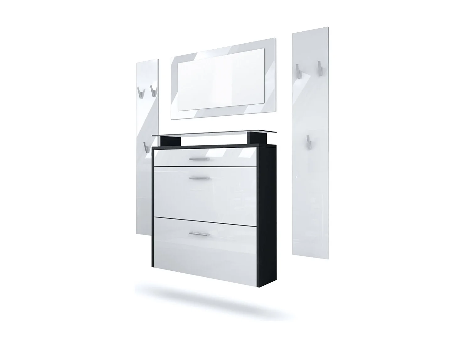 Vladon Mueble recibidor Malea, Mueble de entrada compuesto por 1 Zapatero colgante, 1 Espejo de pared y 2 Percheros, Negro mate/Blanco de alto brillo