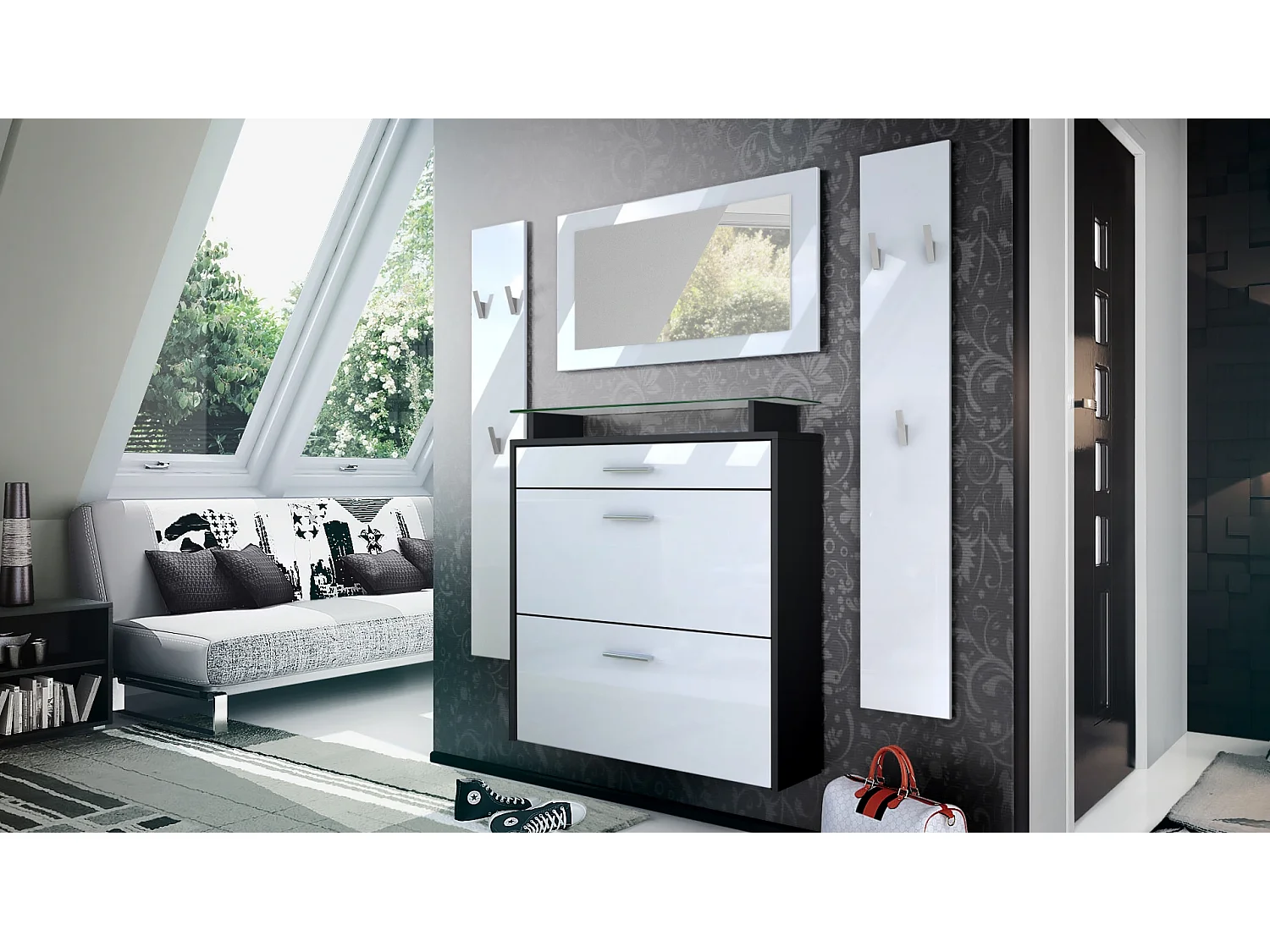 Vladon Mueble recibidor Malea, Mueble de entrada compuesto por 1 Zapatero colgante, 1 Espejo de pared y 2 Percheros, Negro mate/Blanco de alto brillo