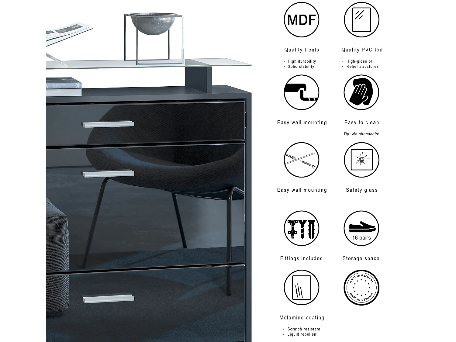 Vladon Mueble recibidor Malea, Mueble de entrada compuesto por 1 Zapatero colgante, 1 Espejo de pared y 2 Percheros, Negro mate/Blanco de alto brillo