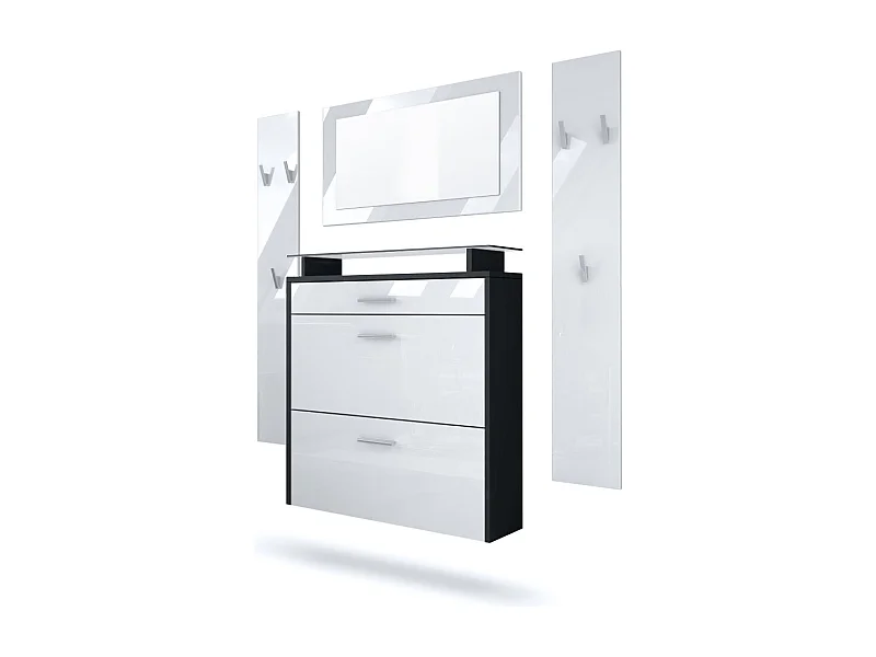Vladon Mueble recibidor Malea, Mueble de entrada compuesto por 1 Zapatero colgante, 1 Espejo de pared y 2 Percheros, Negro mate/Blanco de alto brillo