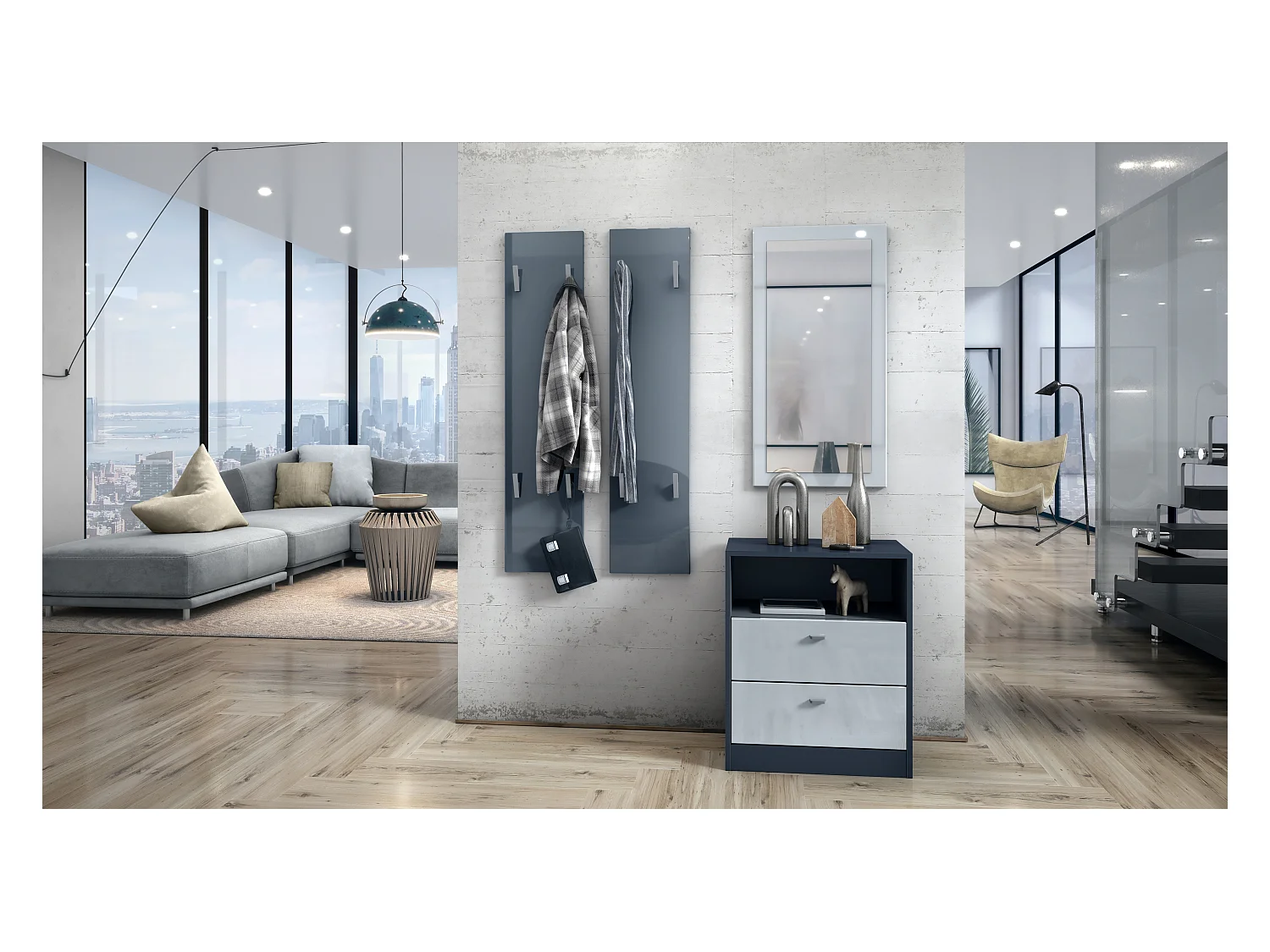 Vladon Perchero de pared 120, Perchero compuesto por 2 Paneles, Gris de alto brillo (cada uno: 28 x 120 x 2 cm)