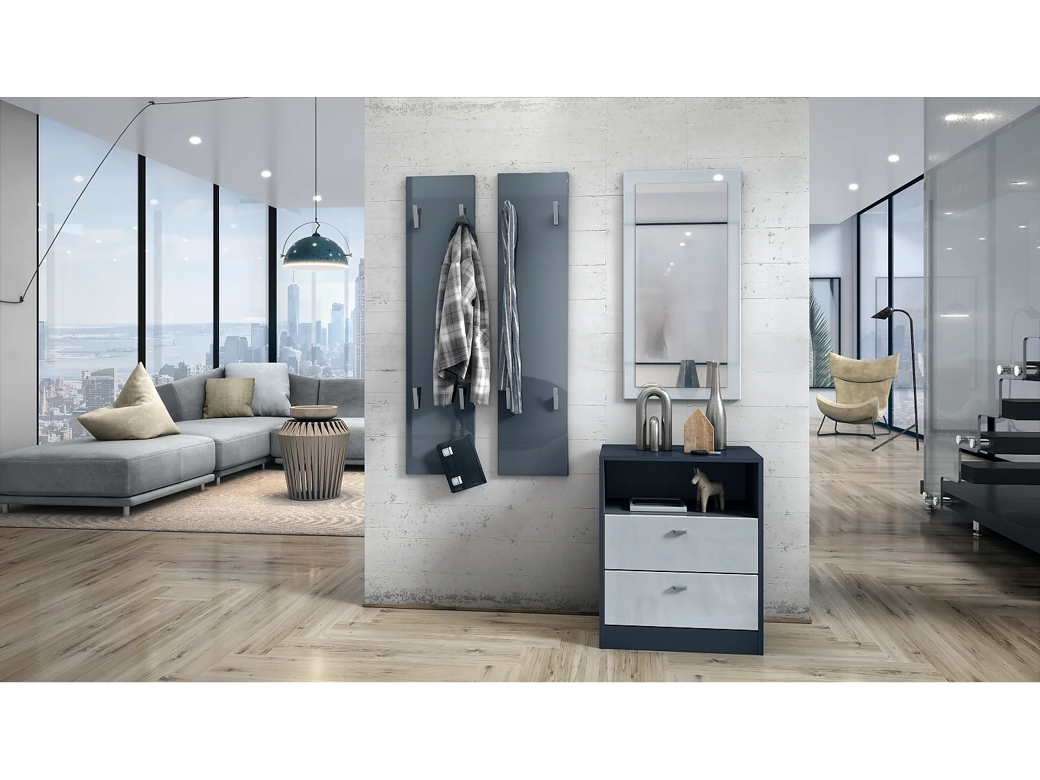 Panneau mural 120, Panneau de porte-manteau comprenant 2 panneaux, Gris haute brillance (28 x 120 x 2 cm chacun)