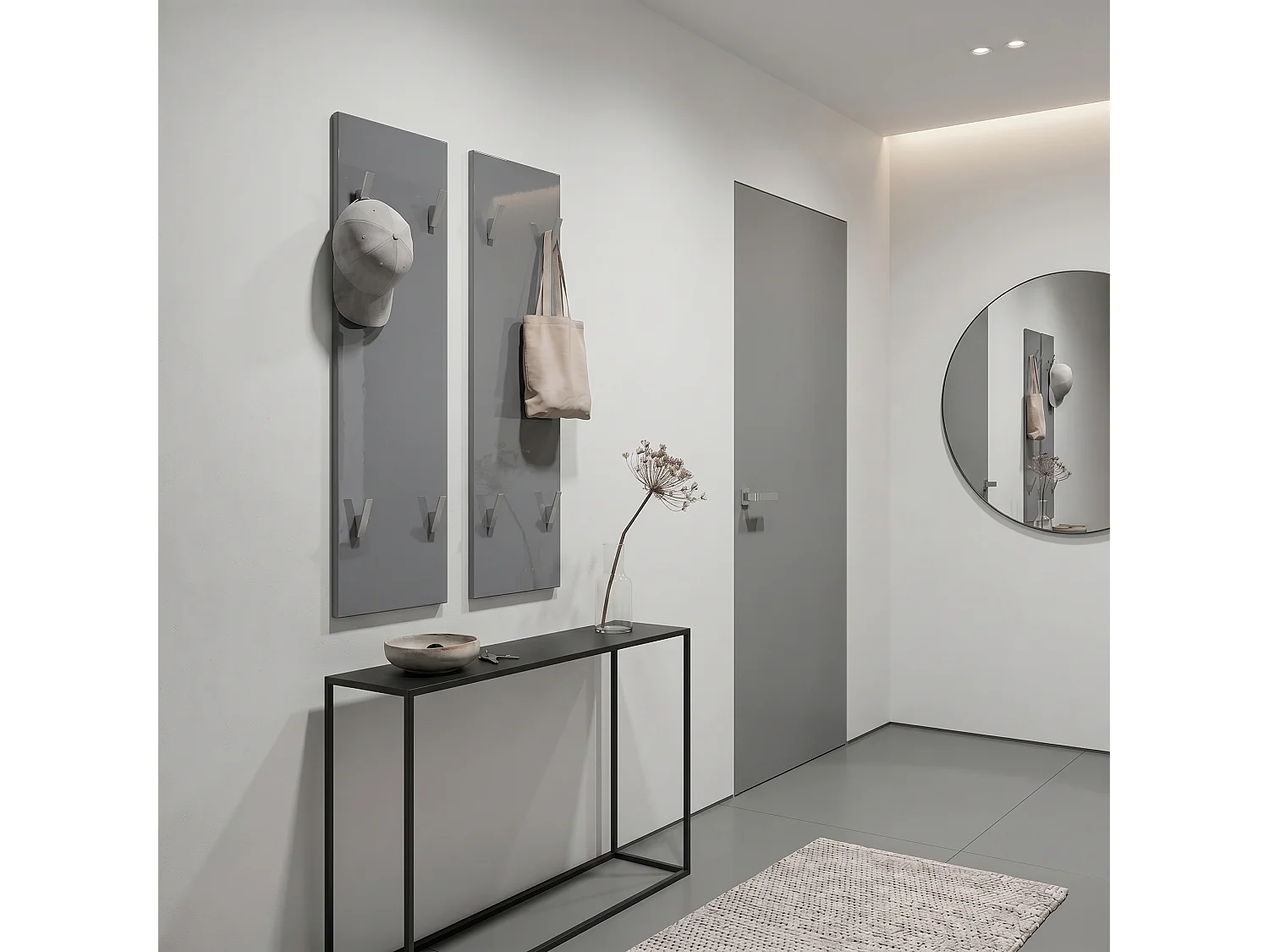 Panneau mural 120, Panneau de porte-manteau comprenant 2 panneaux, Gris haute brillance (28 x 120 x 2 cm chacun)