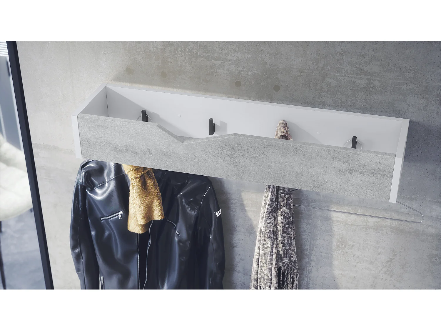 Porte-manteau crochets muraux panneau de penderie Kolmio, corps blanc mat, façade aspect béton oxyde 83,5 x 12,5 x 21 cm