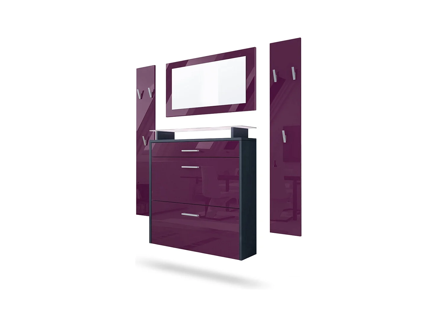 Penderie Malea, Meuble d’entrée comprenant 1 commode à chaussures, 1 miroir et 2 panneaux porte-manteaux, Anthracite mat/Mûre brillant, LED blanc inclus