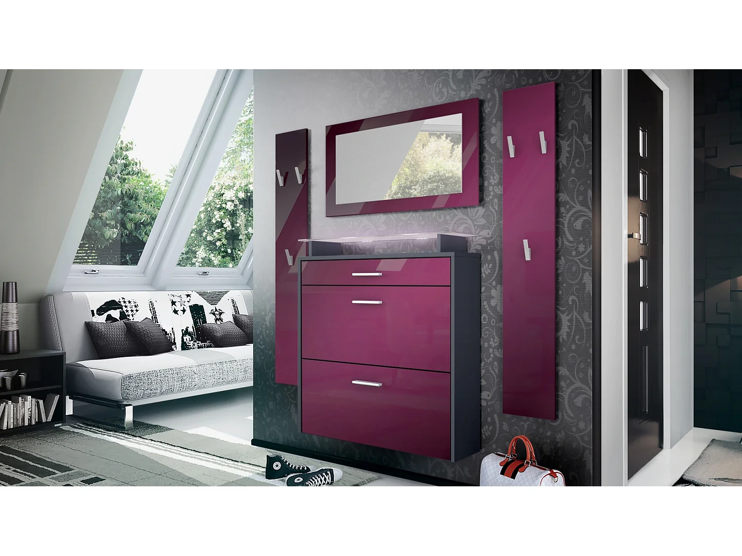 GARDEROBE Malea Fronten in Brombeer Hochglanz