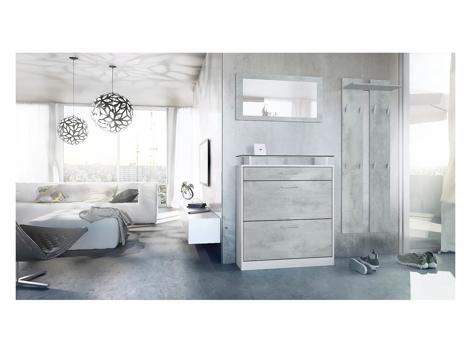 Penderie Loret Mini, Meuble d’entrée comprenant 1 commode à chaussures, 1 miroir mural et 2 panneaux porte-manteaux, Blanc mat/Aspect Béton Oxyde