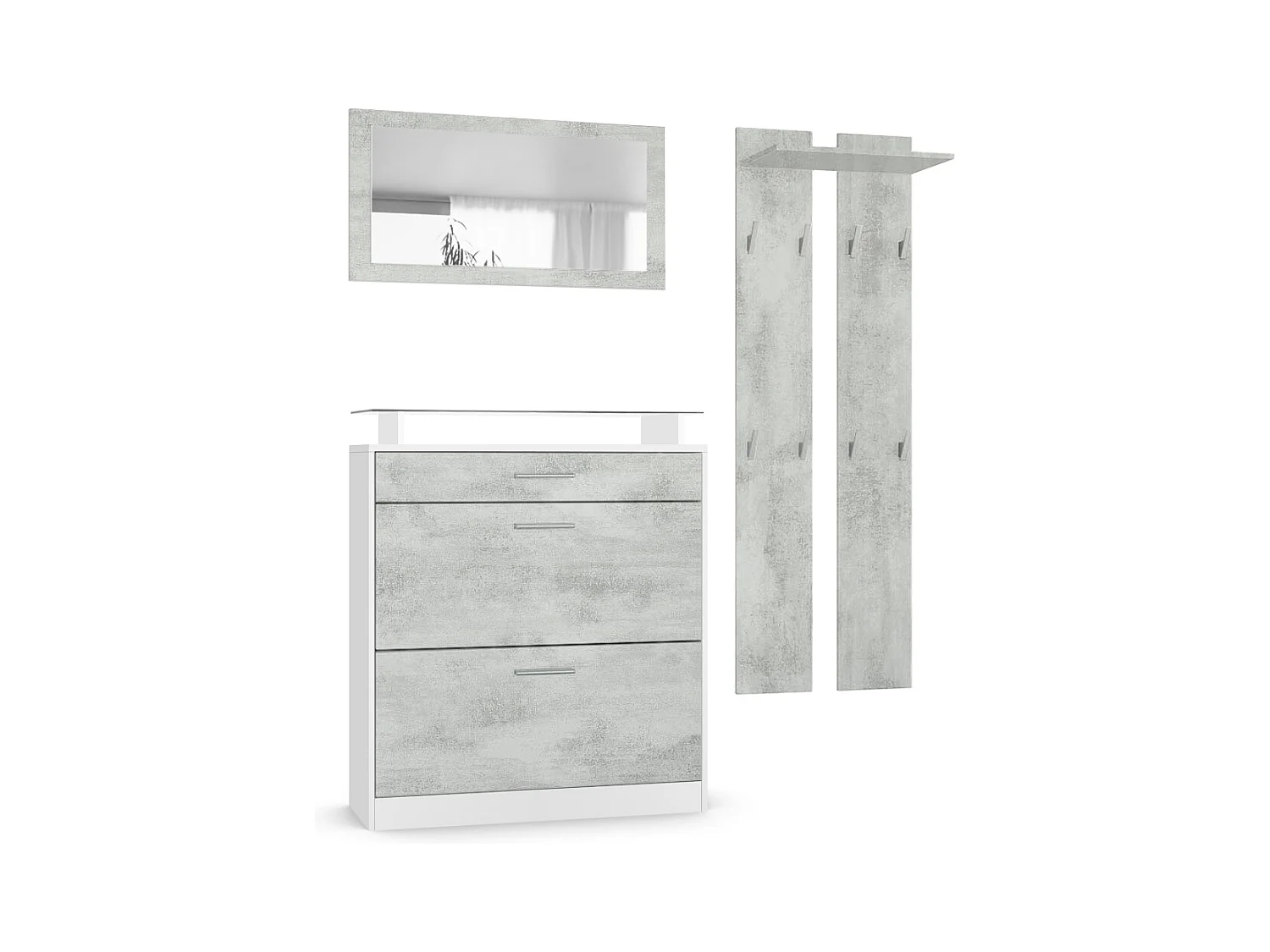 Penderie Loret Mini, Meuble d’entrée comprenant 1 commode à chaussures, 1 miroir mural et 2 panneaux porte-manteaux, Blanc mat/Aspect Béton Oxyde