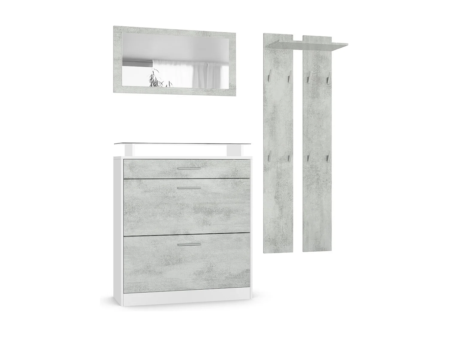 Penderie Loret Mini, Meuble d’entrée comprenant 1 commode à chaussures, 1 miroir mural et 2 panneaux porte-manteaux, Blanc mat/Aspect Béton Oxyde