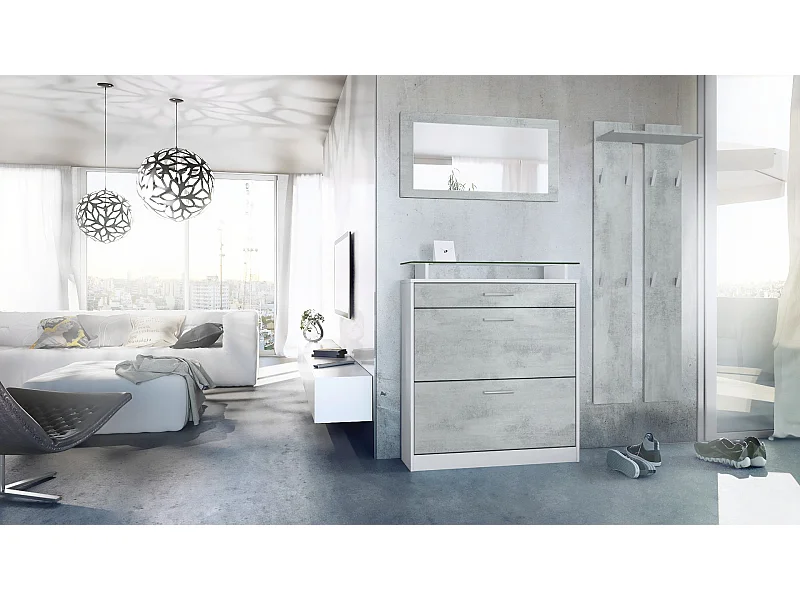 Vladon Mueble recibidor Loret mini, Mueble de entrada compuesto por 1 Zapatero, 1 Espejo de pared y 2 Percheros, Blanco mate/Hormigón oxidado