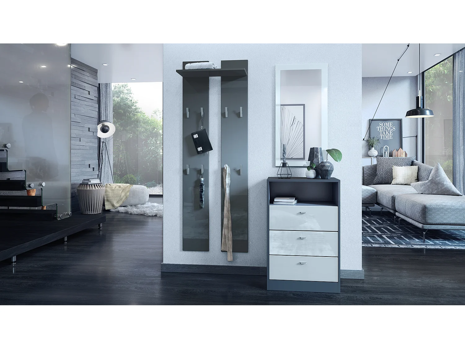 Panneau mural 170, Meuble porte-manteau composé de 2 panneaux et 1 étagère, gris haute brillance (57 x 170 x 20 cm)