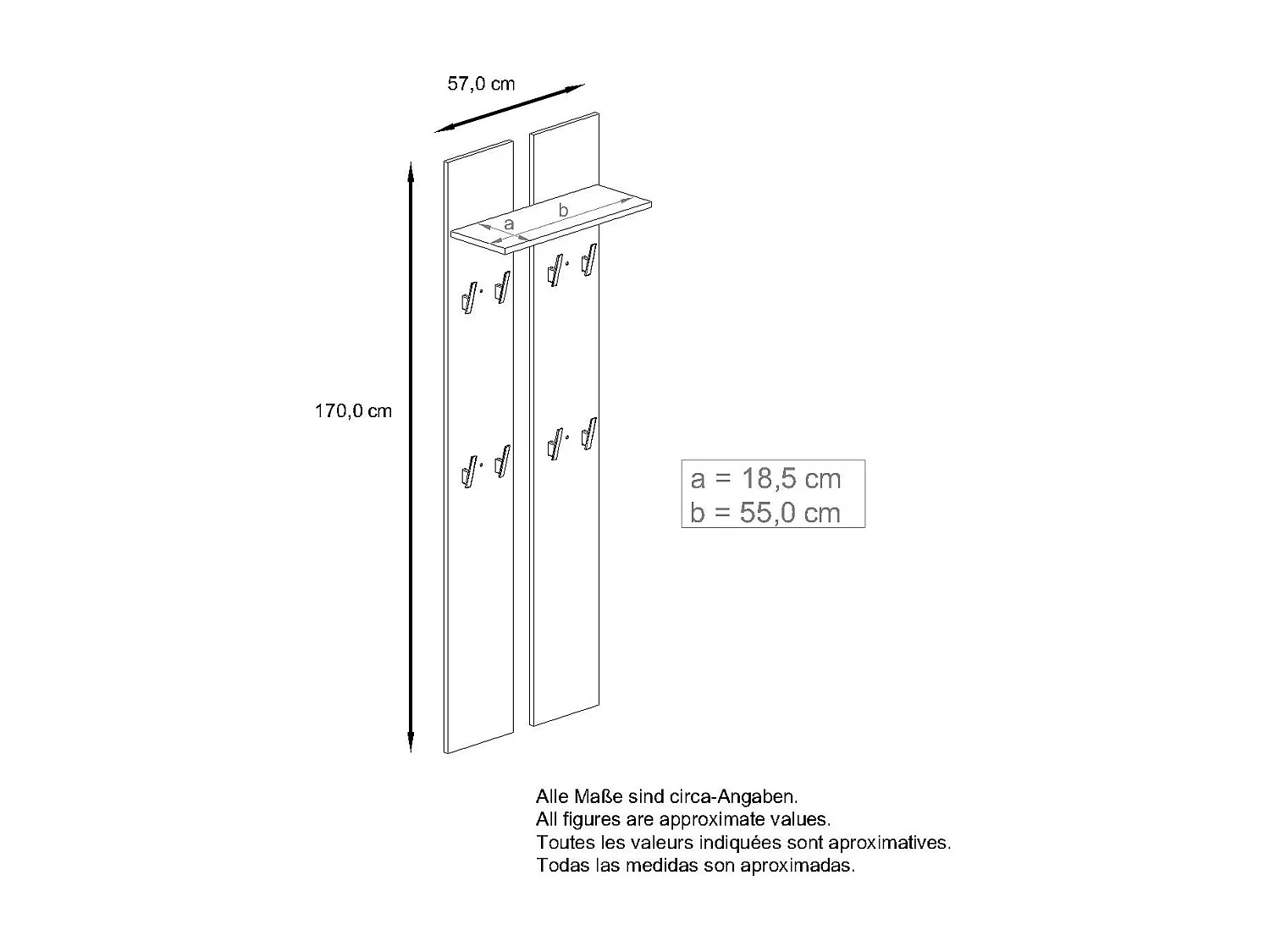 Panneau mural 170, Meuble porte-manteau composé de 2 panneaux et 1 étagère, gris haute brillance (57 x 170 x 20 cm)