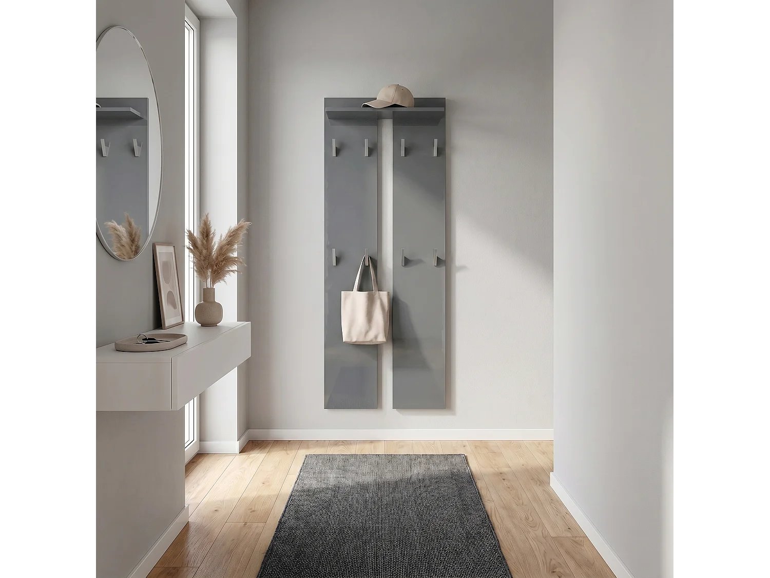 Pannello da parete 170, Pannello appendiabiti con 2 pannelli e 1 ripiano, grigio lucido (57 x 170 x 20 cm)