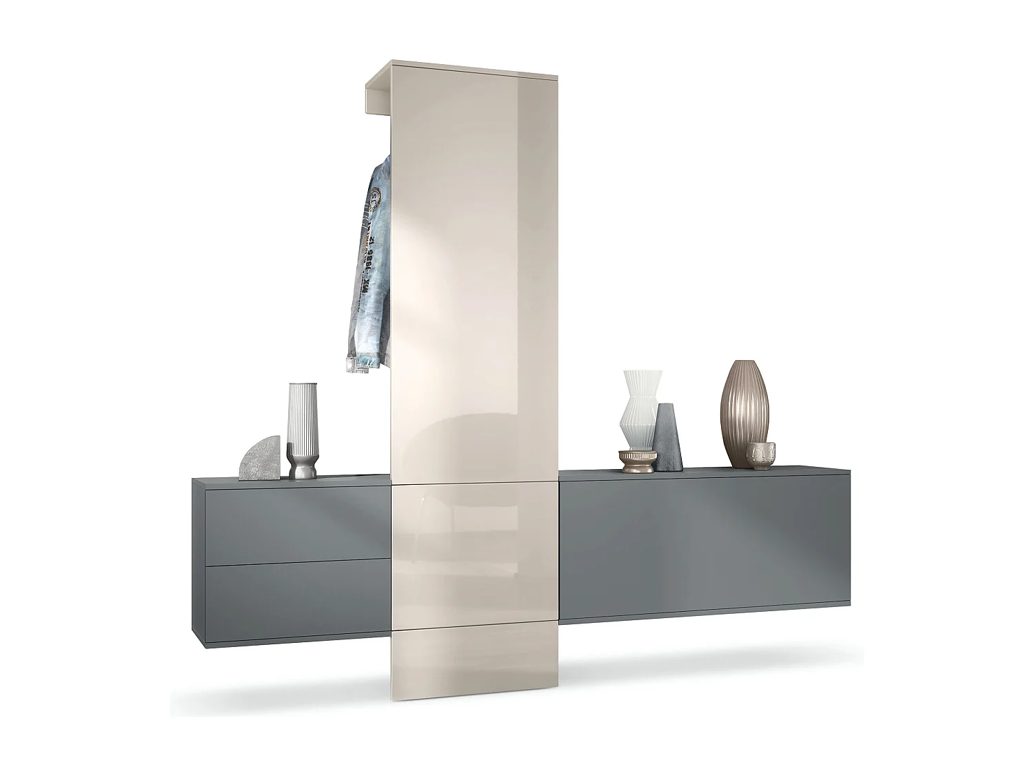 Vestiaire Garderobe Carlton Set 1, Corps en anthracite mat / Panneau portemanteau en gris sable haute brillance (208 x 193 x 35 cm)