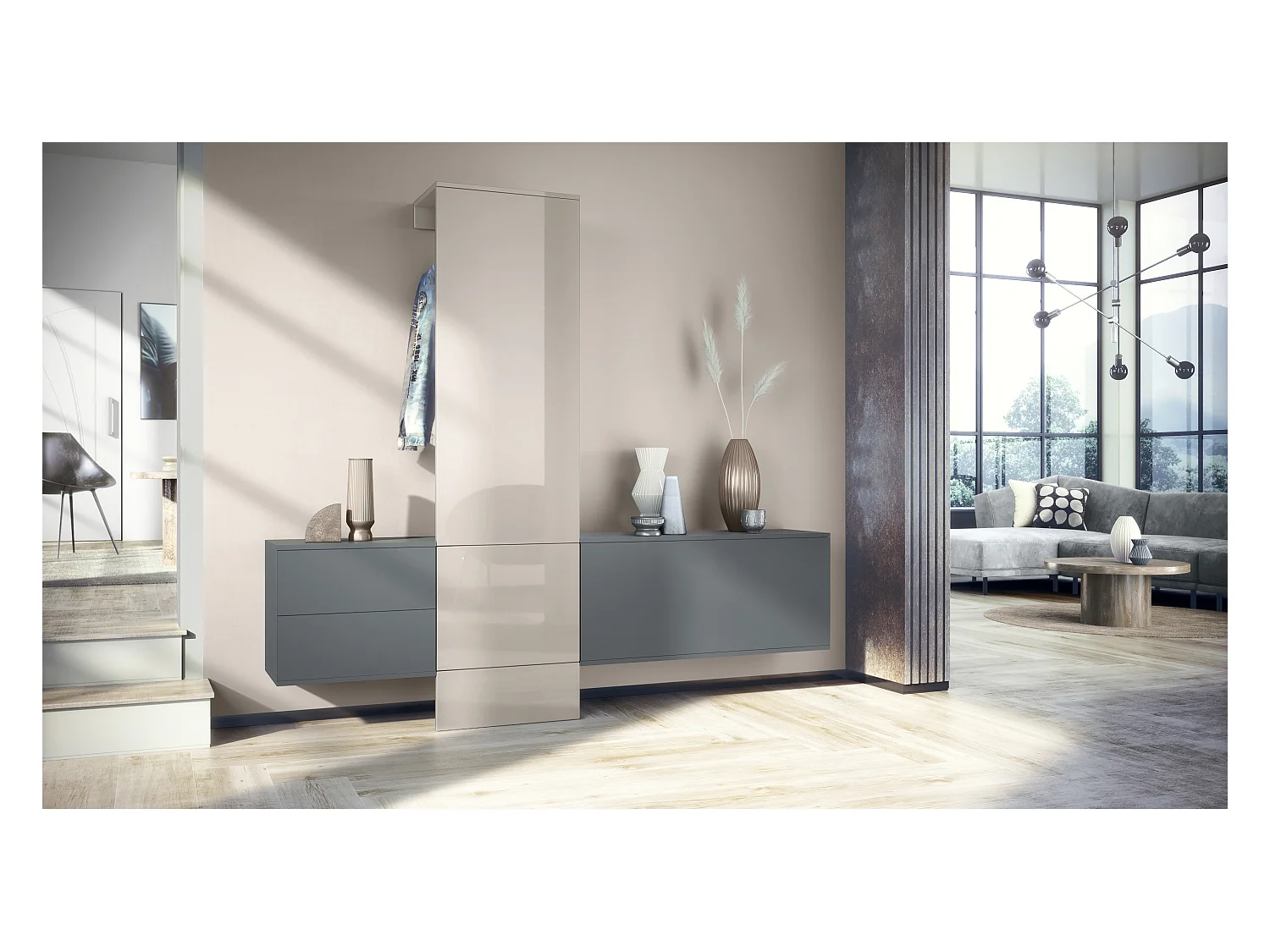 Vestiaire Garderobe Carlton Set 1, Corps en anthracite mat / Panneau portemanteau en gris sable haute brillance (208 x 193 x 35 cm)