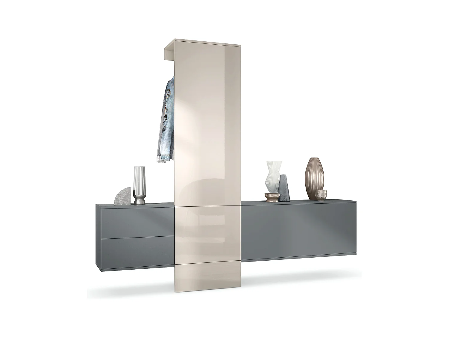 Vestiaire Garderobe Carlton Set 1, Corps en anthracite mat / Panneau portemanteau en gris sable haute brillance (208 x 193 x 35 cm)