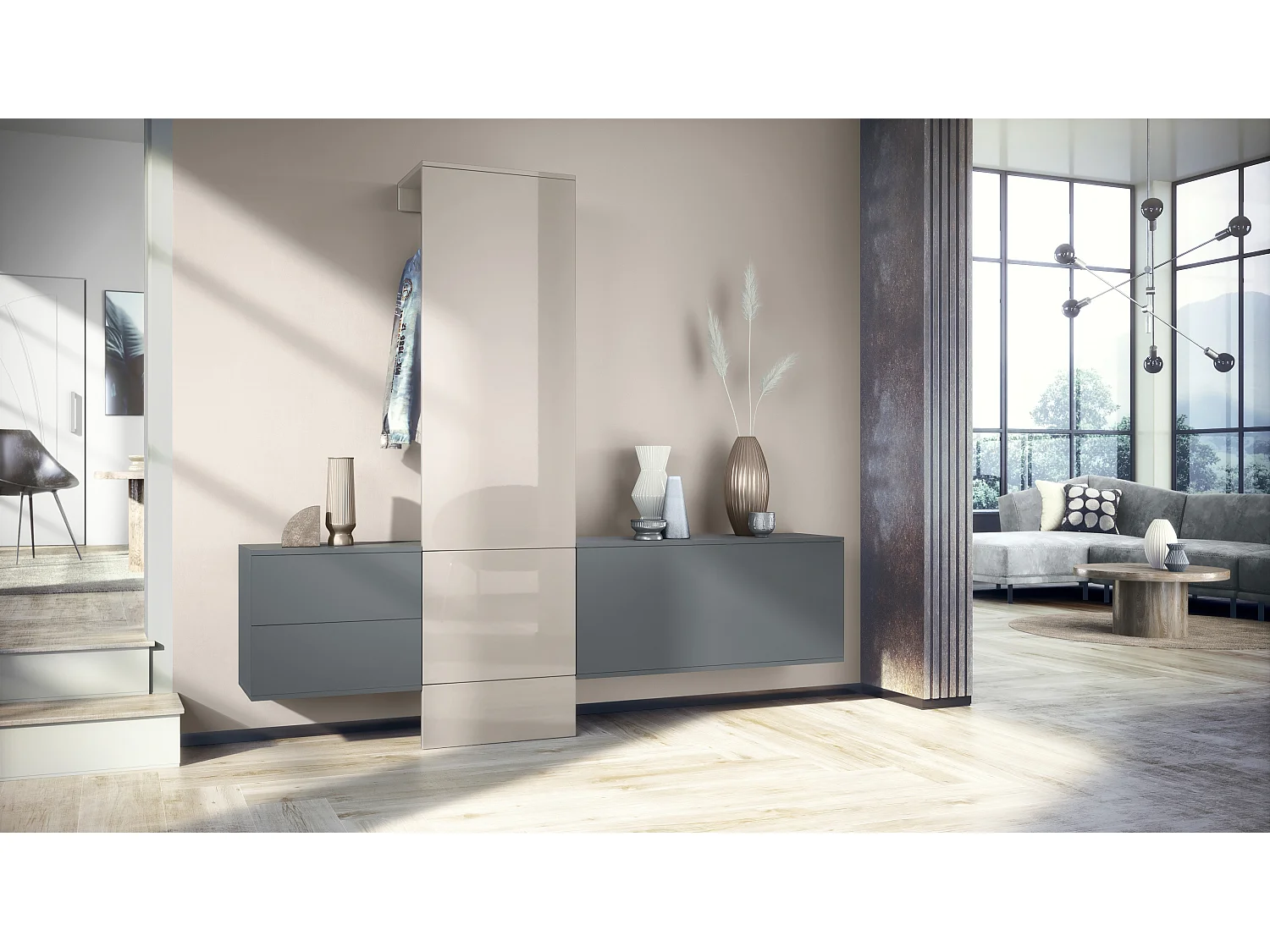 Vestiaire Garderobe Carlton Set 1, Corps en anthracite mat / Panneau portemanteau en gris sable haute brillance (208 x 193 x 35 cm)