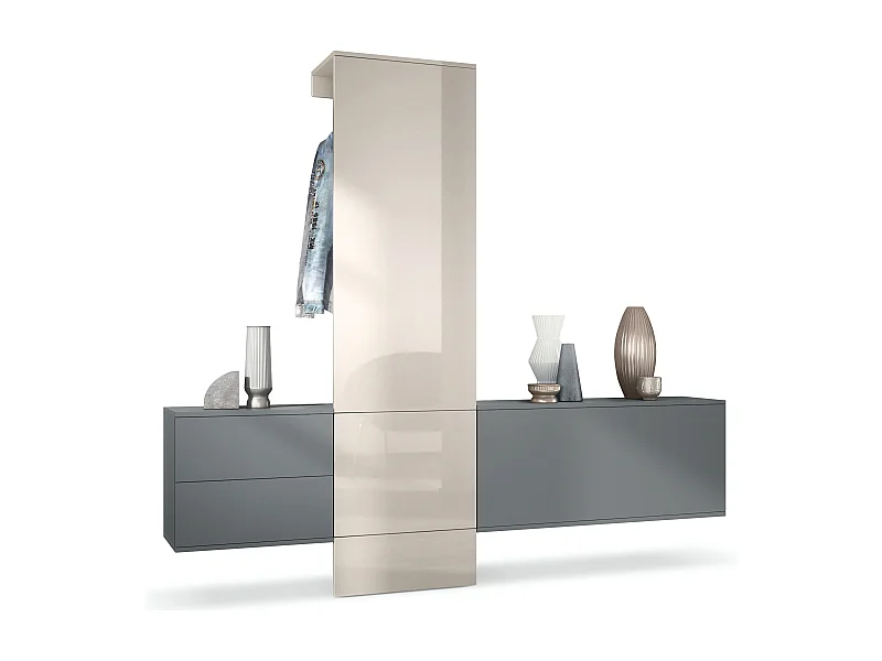 Vestiaire Garderobe Carlton Set 1, Corps en anthracite mat / Panneau portemanteau en gris sable haute brillance (208 x 193 x 35 cm)