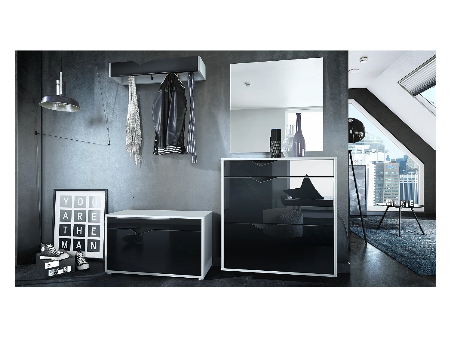 Armadio Corridoio Kolmio 190 x 185 x 33 cm, struttura in bianco opaco, frontali in nero lucido | Vasta scelta di colori