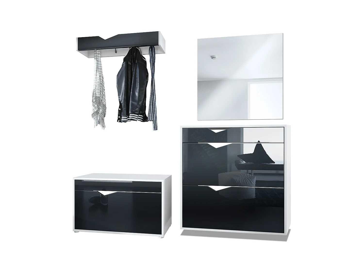 Ensemble Vestiaire Kolmio 190 x 185 x 33 cm portemanteau de couloir, caisson en blanc mat, façades en Noir haute brillance | Grand choix de couleurs