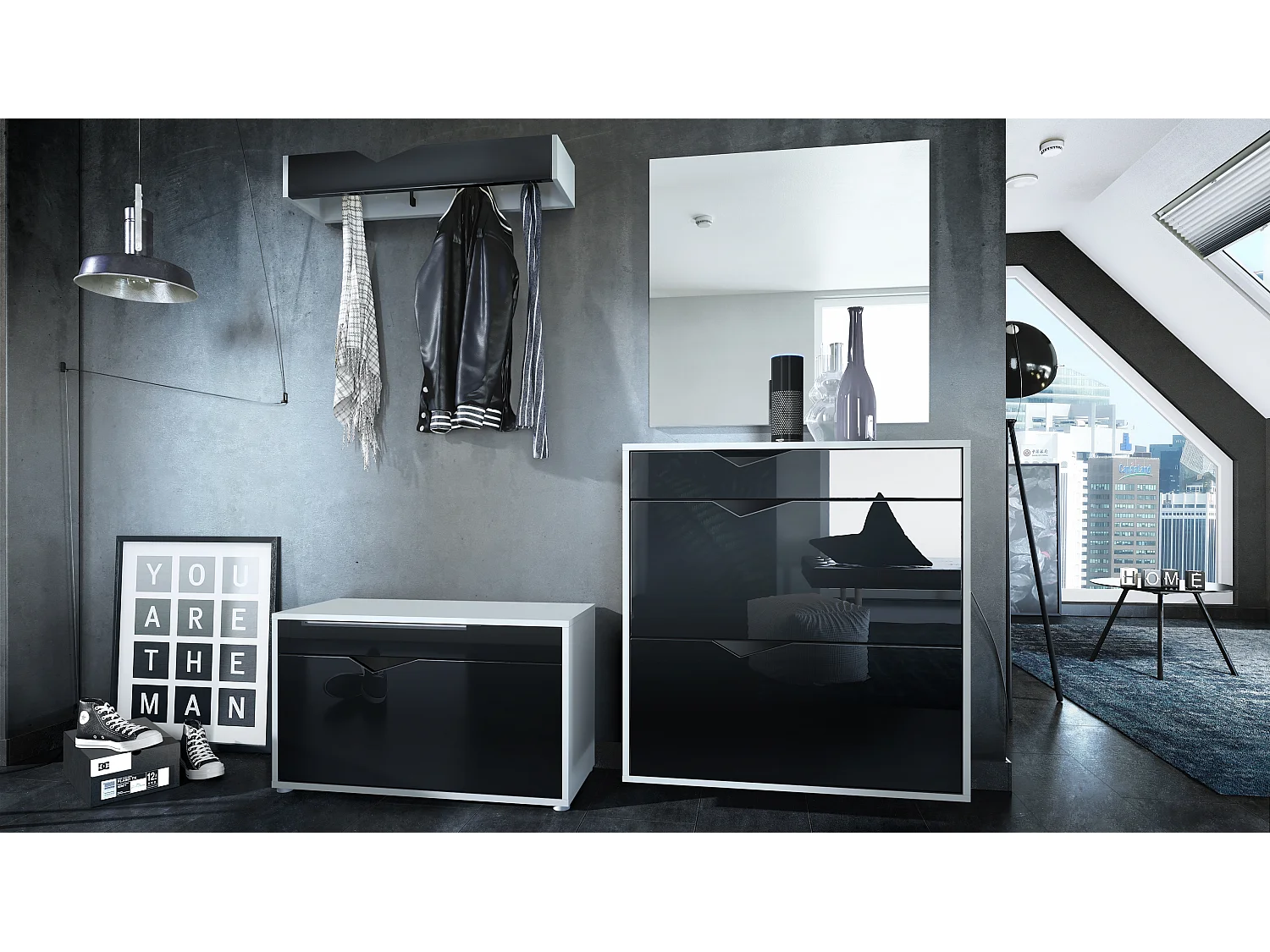 Ensemble Vestiaire Kolmio 190 x 185 x 33 cm portemanteau de couloir, caisson en blanc mat, façades en Noir haute brillance | Grand choix de couleurs