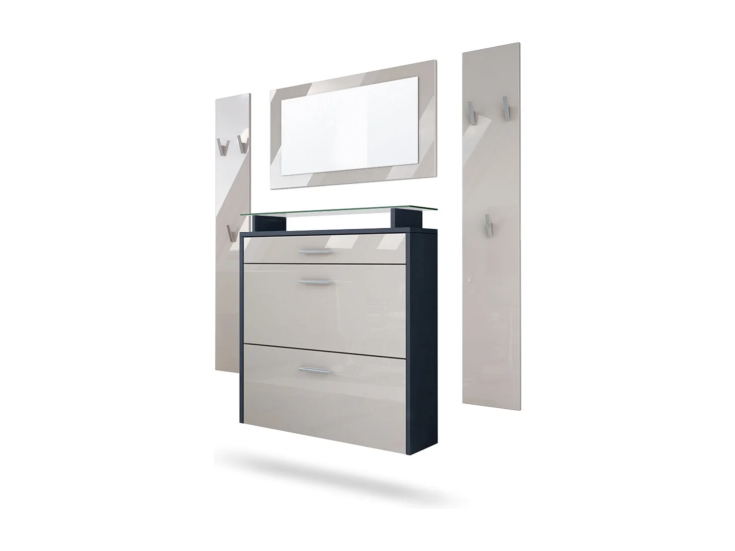 Malea Hallway Storage Set, Set da ingresso con 1 scarpiera a muro, 1 specchio a muro e 2 pannelli appendiabiti, antracite/ grigio sabbia lucido