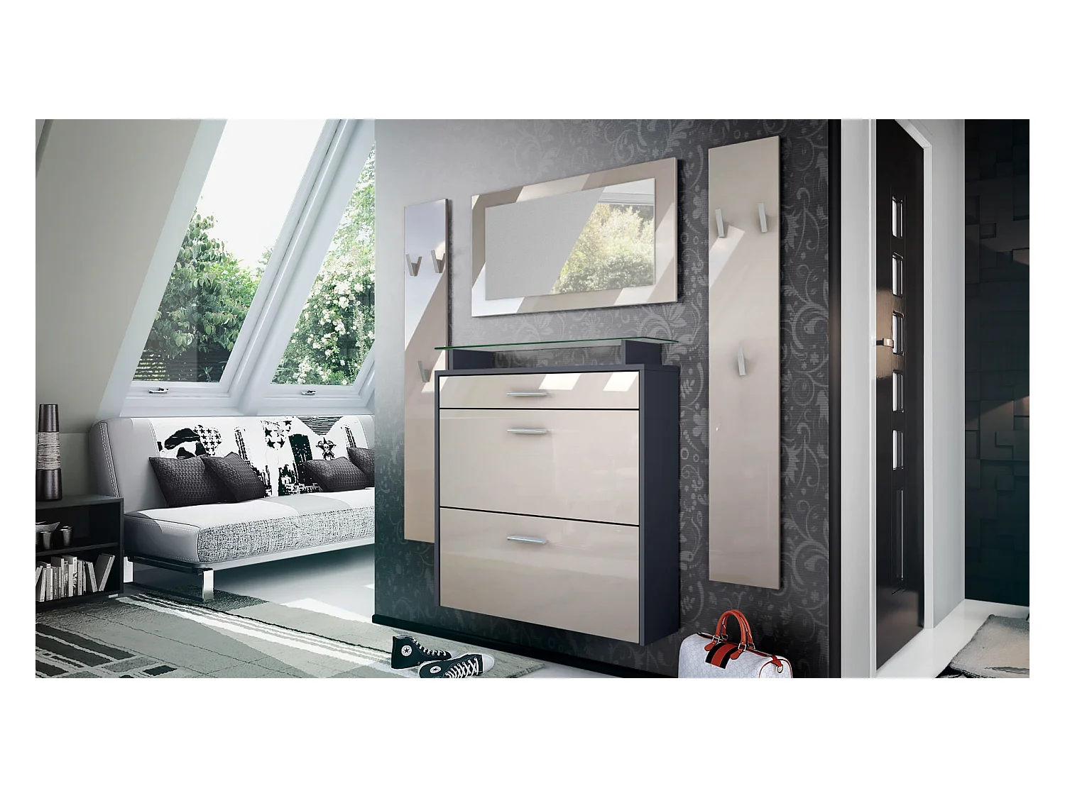 Malea Hallway Storage Set, Set da ingresso con 1 scarpiera a muro, 1 specchio a muro e 2 pannelli appendiabiti, antracite/ grigio sabbia lucido