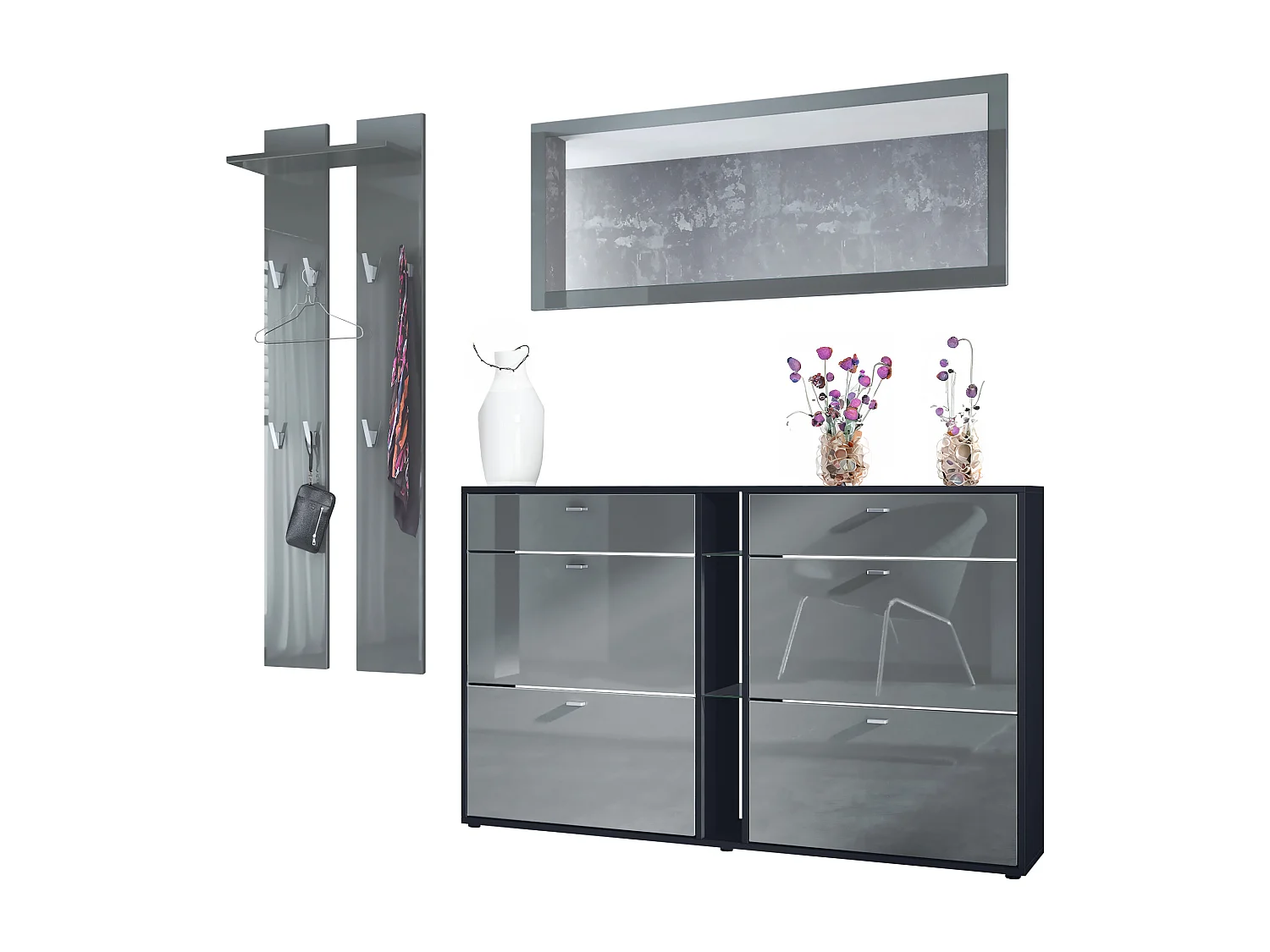 Conjunto de armario Orlando con zapatero, panel de pared y espejo de pared, negro mate/gris de alto brillo