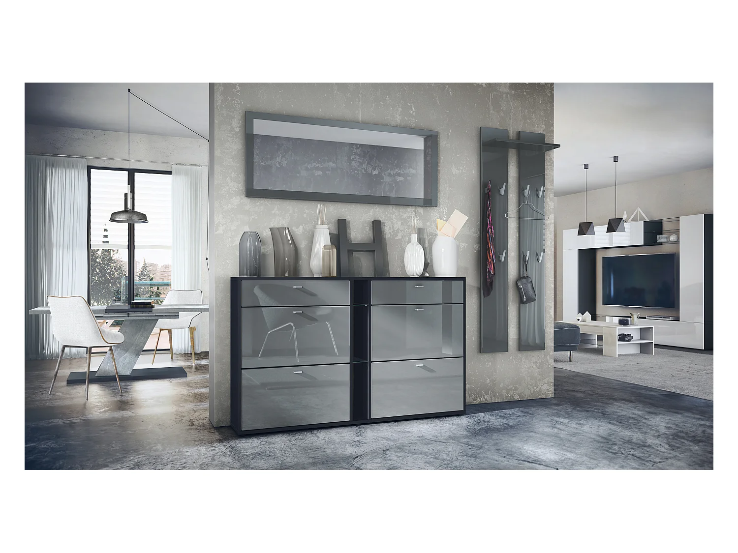 Conjunto de armario Orlando con zapatero, panel de pared y espejo de pared, negro mate/gris de alto brillo