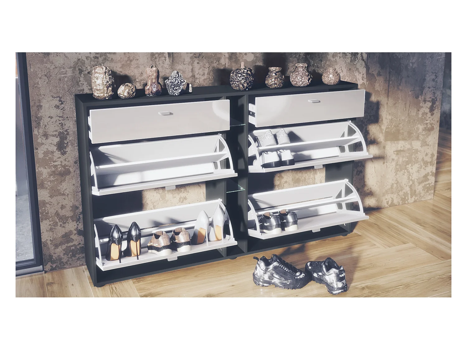 Conjunto de armario Orlando con zapatero, panel de pared y espejo de pared, negro mate/gris de alto brillo