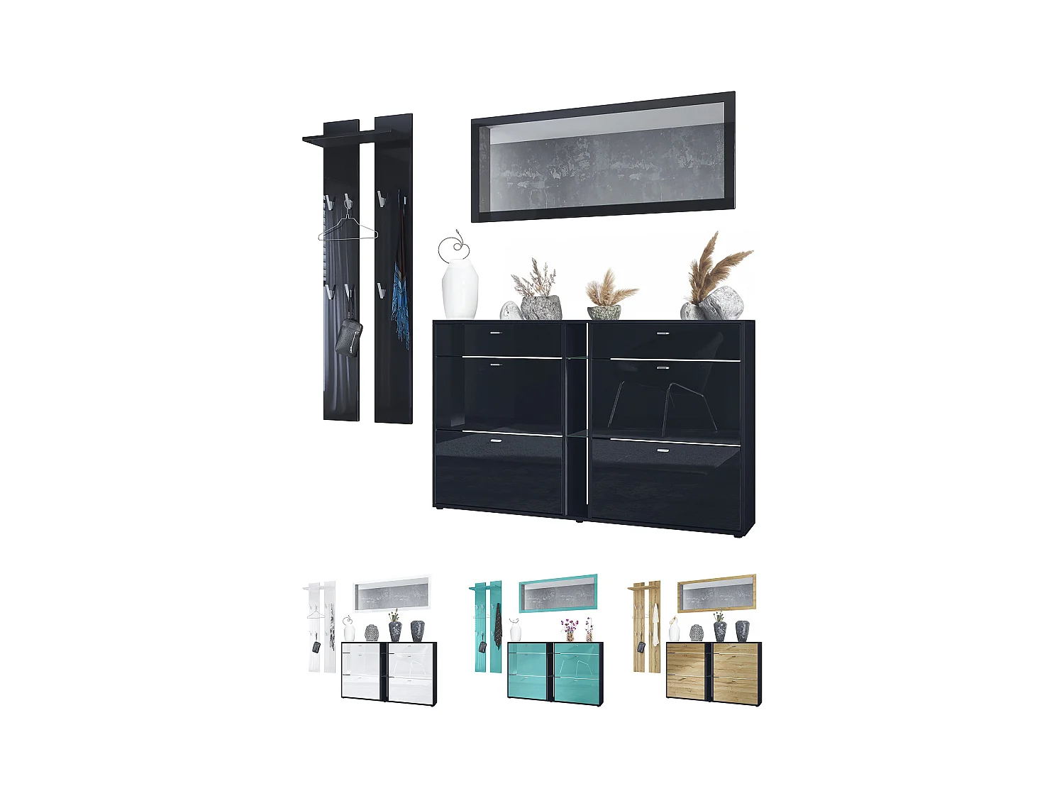 Conjunto de armario Orlando con zapatero, panel de pared y espejo de pared, negro mate/gris de alto brillo