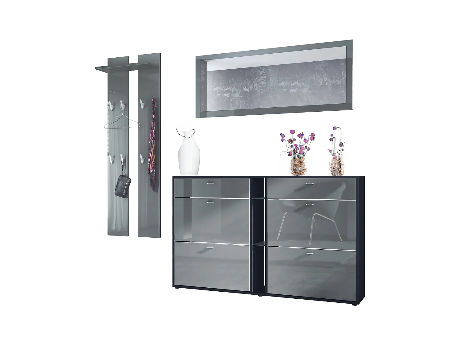 Ensemble vestiaire Orlando avec armoire à chaussures, panneau mural et miroir mural, noir mat/gris haute brillance