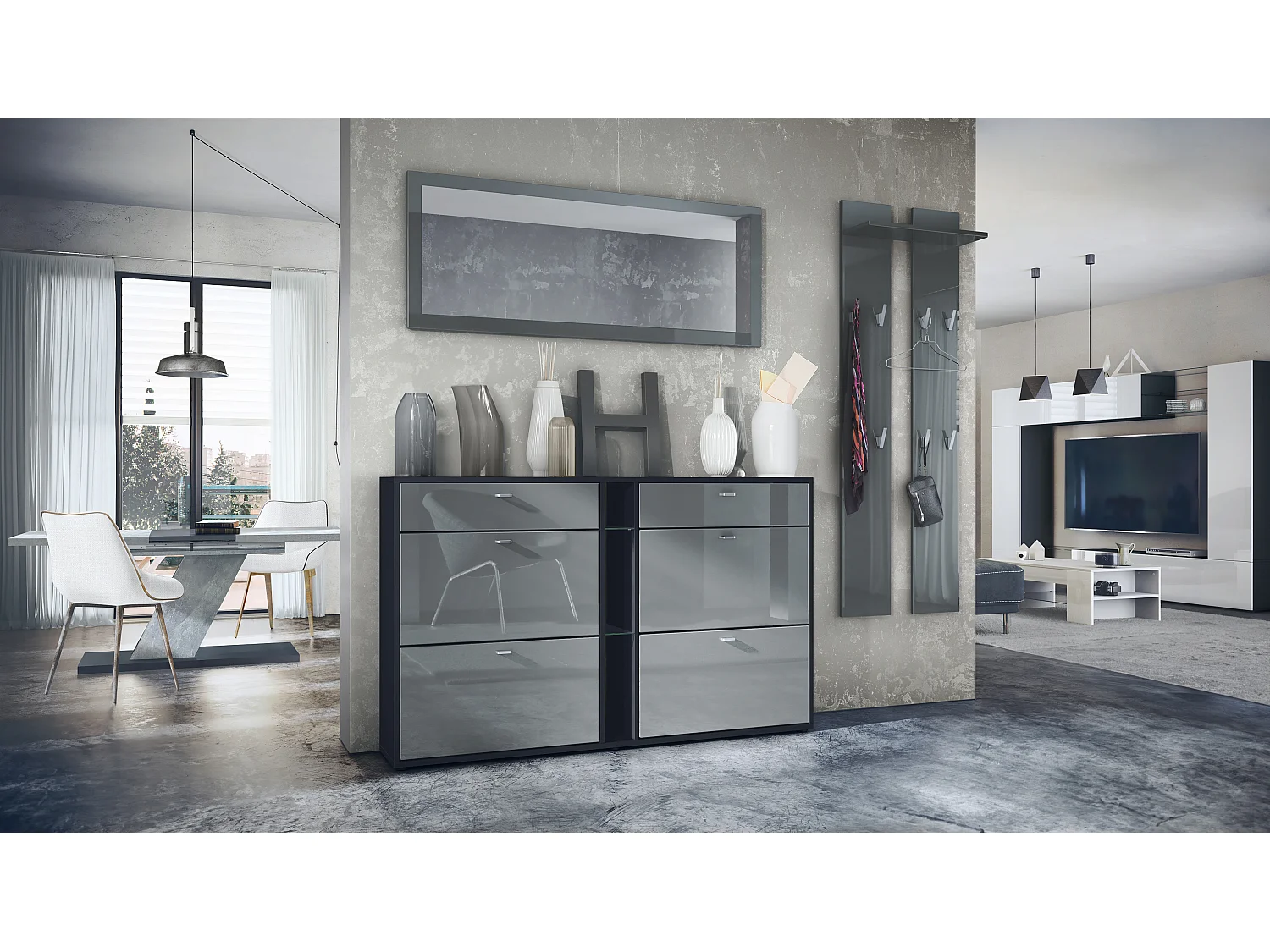 Ensemble vestiaire Orlando avec armoire à chaussures, panneau mural et miroir mural, noir mat/gris haute brillance