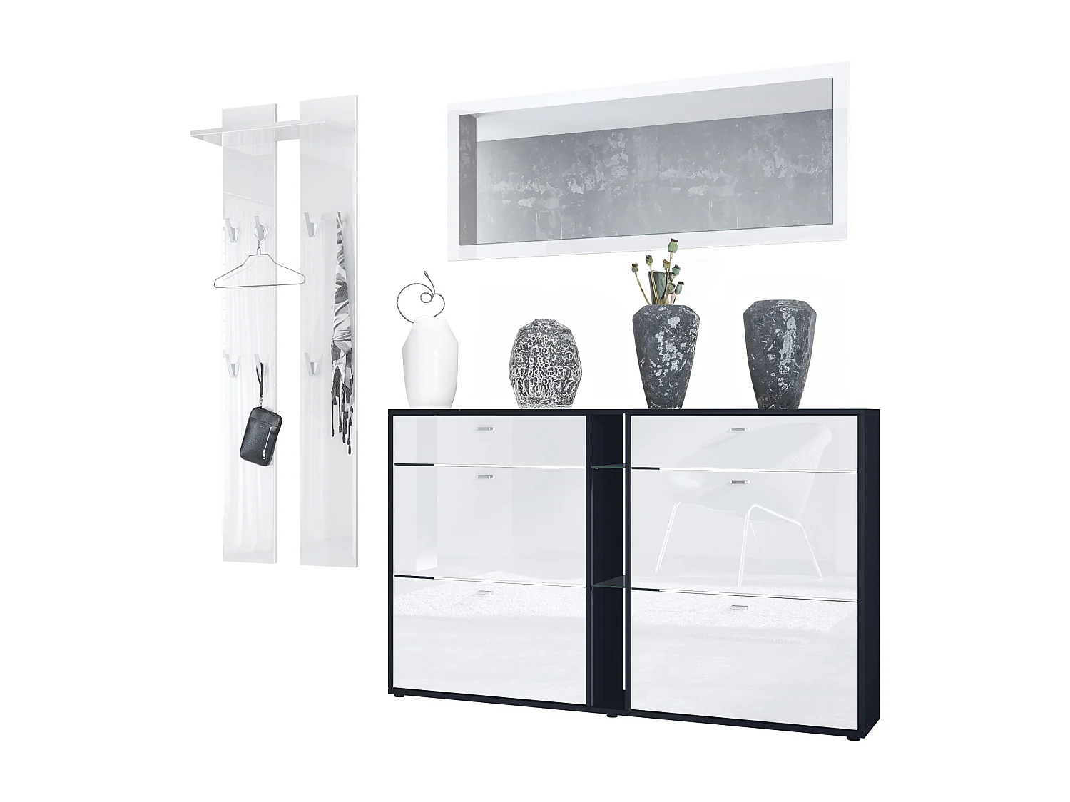 Ensemble vestiaire Orlando avec armoire à chaussures, panneau mural et miroir mural, noir mat/blanc haute brillance
