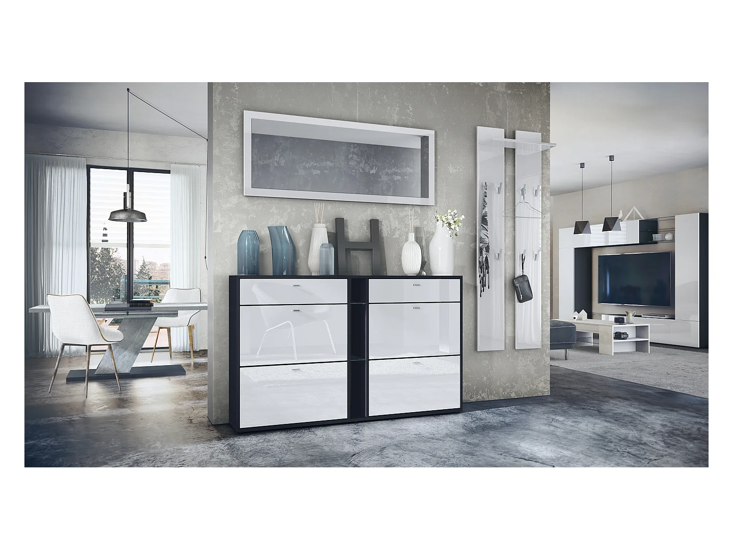 Ensemble vestiaire Orlando avec armoire à chaussures, panneau mural et miroir mural, noir mat/blanc haute brillance