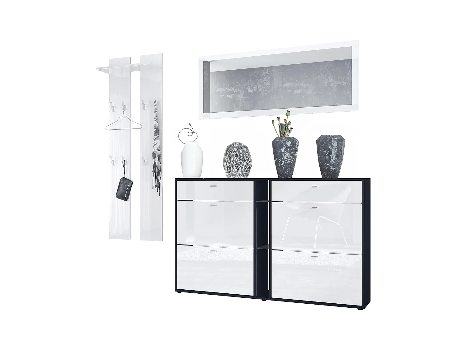 Ensemble vestiaire Orlando avec armoire à chaussures, panneau mural et miroir mural, noir mat/blanc haute brillance