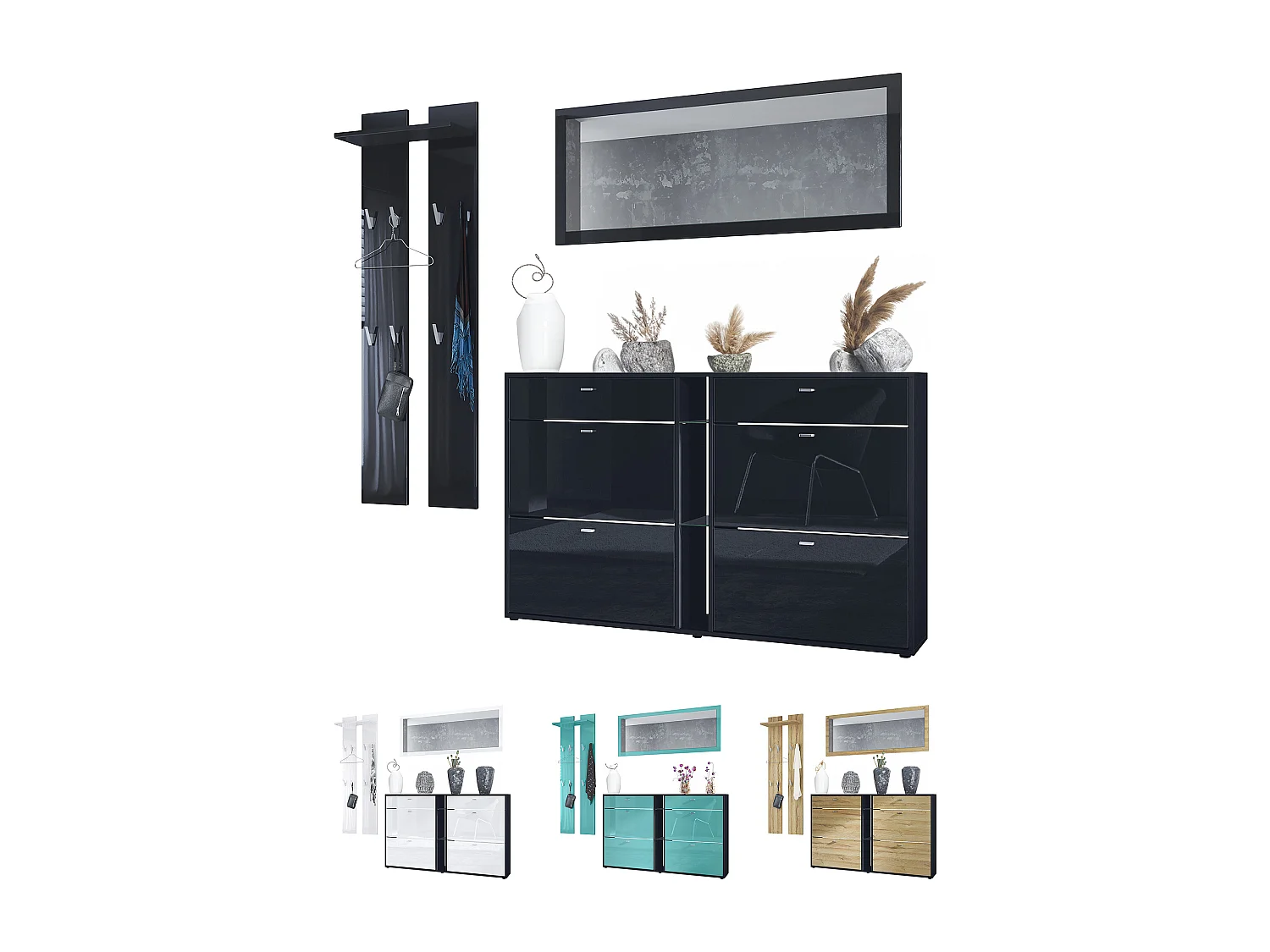 Ensemble vestiaire Orlando avec armoire à chaussures, panneau mural et miroir mural, noir mat/blanc haute brillance