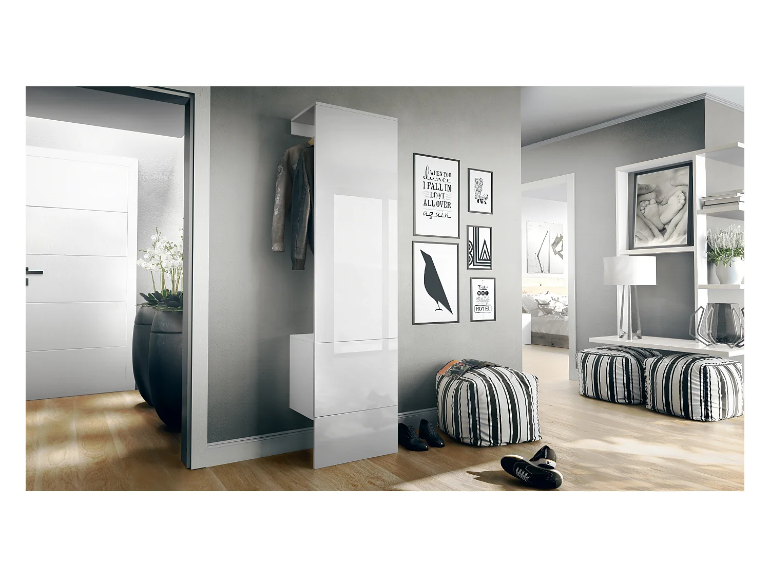 Ensemble d'entrée  Hollywood, comprenant 1 panneau de vestiaire mural, 1 tringle à vêtements et 1 ensemble de panneaux muraux, blanc mat/Blanc brillant