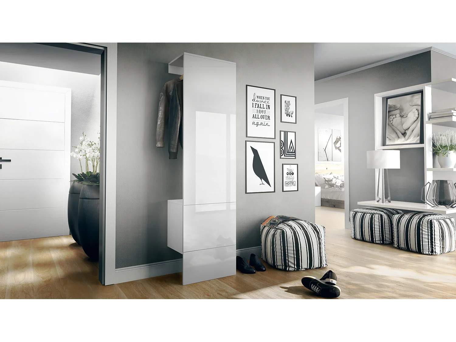 Ensemble d'entrée  Hollywood, comprenant 1 panneau de vestiaire mural, 1 tringle à vêtements et 1 ensemble de panneaux muraux, blanc mat/Blanc brillant