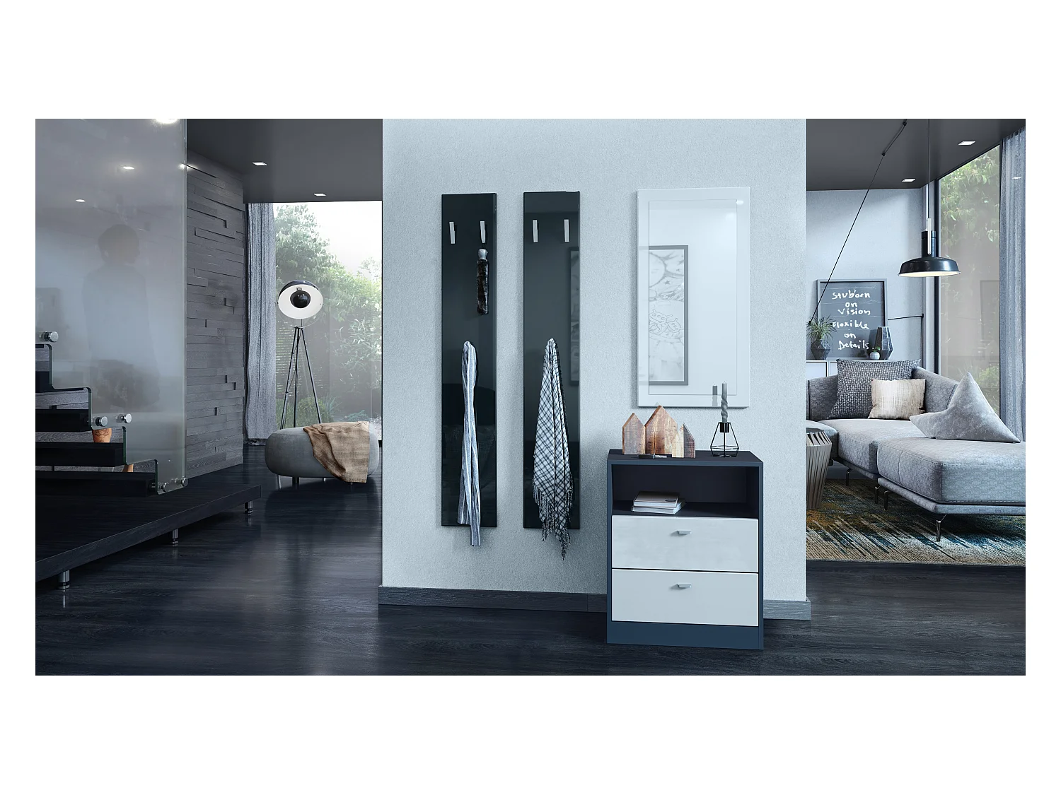 Panel de Pared 140, Hecho en Alemania, Panel Perchero con 2 Paneles, negro de alto brillo (je 24 x 140 x 2 cm)