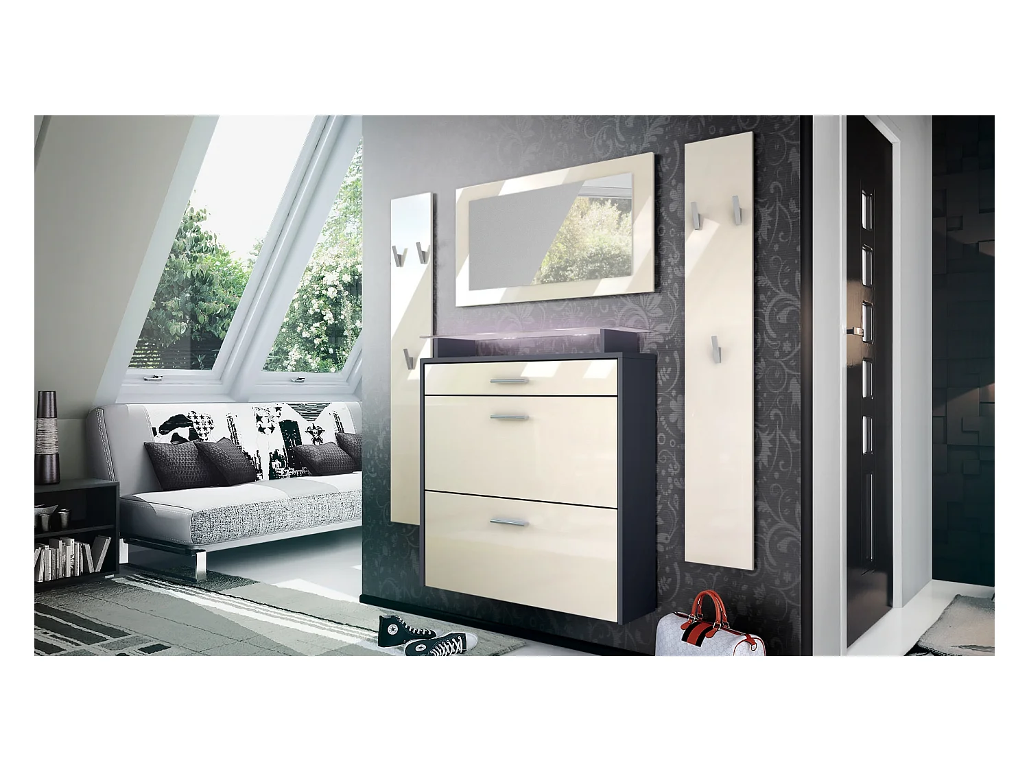 Penderie Malea, Meuble d’entrée comprenant 1 commode à chaussures, 1 miroir et 2 panneaux porte-manteaux, Anthracite mat/Crème brillant, LED blanc inclus