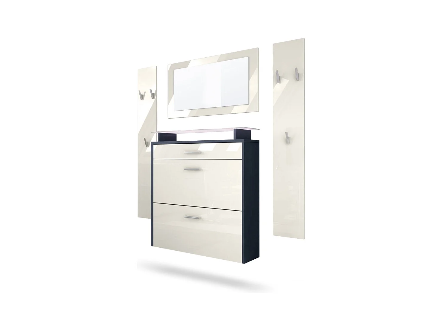 Penderie Malea, Meuble d’entrée comprenant 1 commode à chaussures, 1 miroir et 2 panneaux porte-manteaux, Anthracite mat/Crème brillant, LED blanc inclus