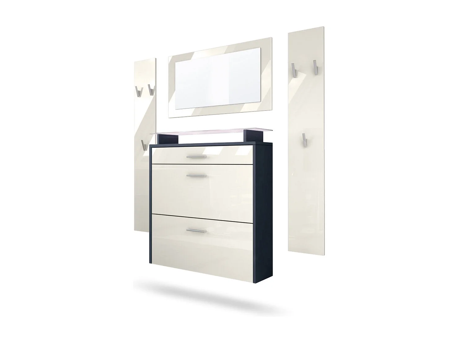 Penderie Malea, Meuble d’entrée comprenant 1 commode à chaussures, 1 miroir et 2 panneaux porte-manteaux, Anthracite mat/Crème brillant, LED blanc inclus