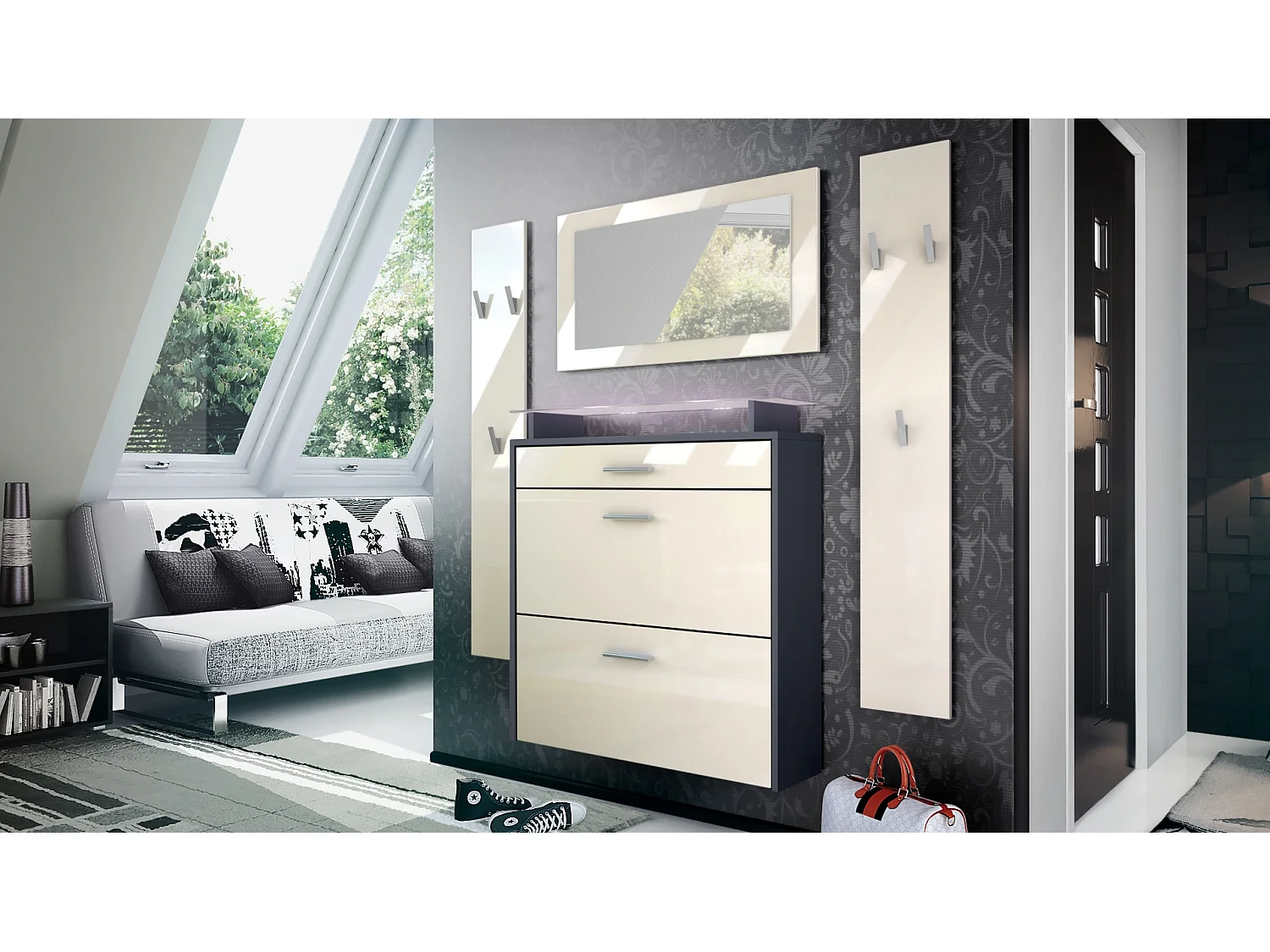 Penderie Malea, Meuble d’entrée comprenant 1 commode à chaussures, 1 miroir et 2 panneaux porte-manteaux, Anthracite mat/Crème brillant, LED blanc inclus