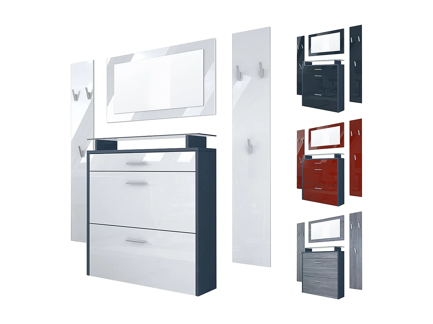 Penderie Malea, Meuble d’entrée comprenant 1 commode à chaussures, 1 miroir et 2 panneaux porte-manteaux, Anthracite mat/Crème brillant, LED blanc inclus