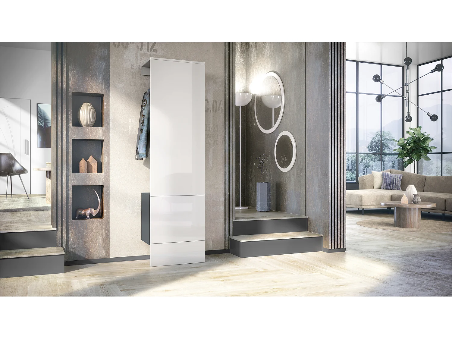 Ensemble d'entrée  Hollywood, comprenant 1 panneau de vestiaire mural, 1 tringle à vêtements et 1 ensemble de panneaux muraux, anthracite mat/Blanc brillant