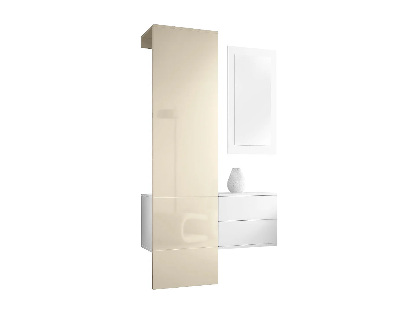 Penderie Carlton Set 2, Meuble d’entrée comprenant 1 panneau porte-manteau, 1 coffre à tiroir et 1 miroir mural, Blanc mat/crème brillant (105 x 193 x 35 cm)